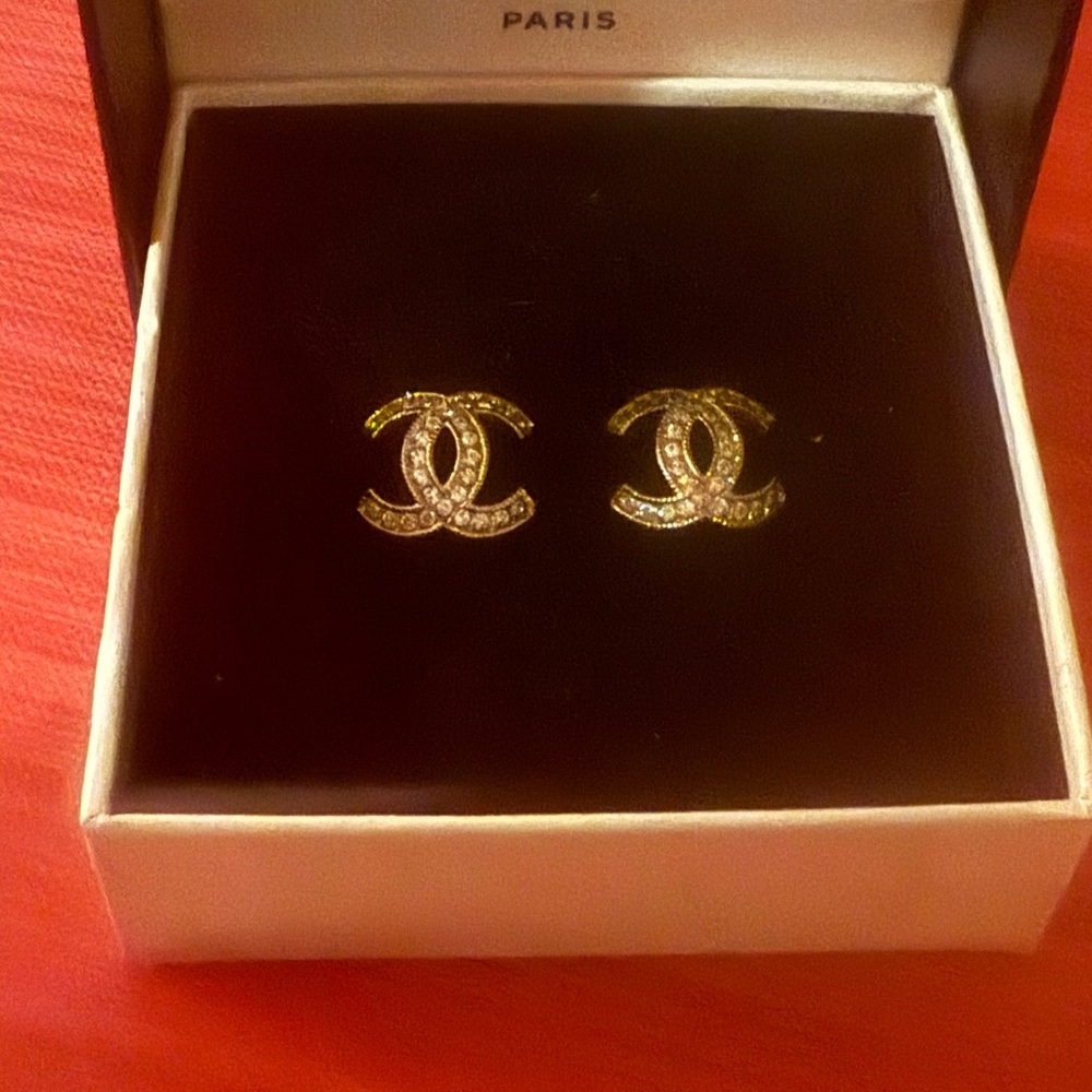 CHANEL Gold and Crystal Logo Earrings